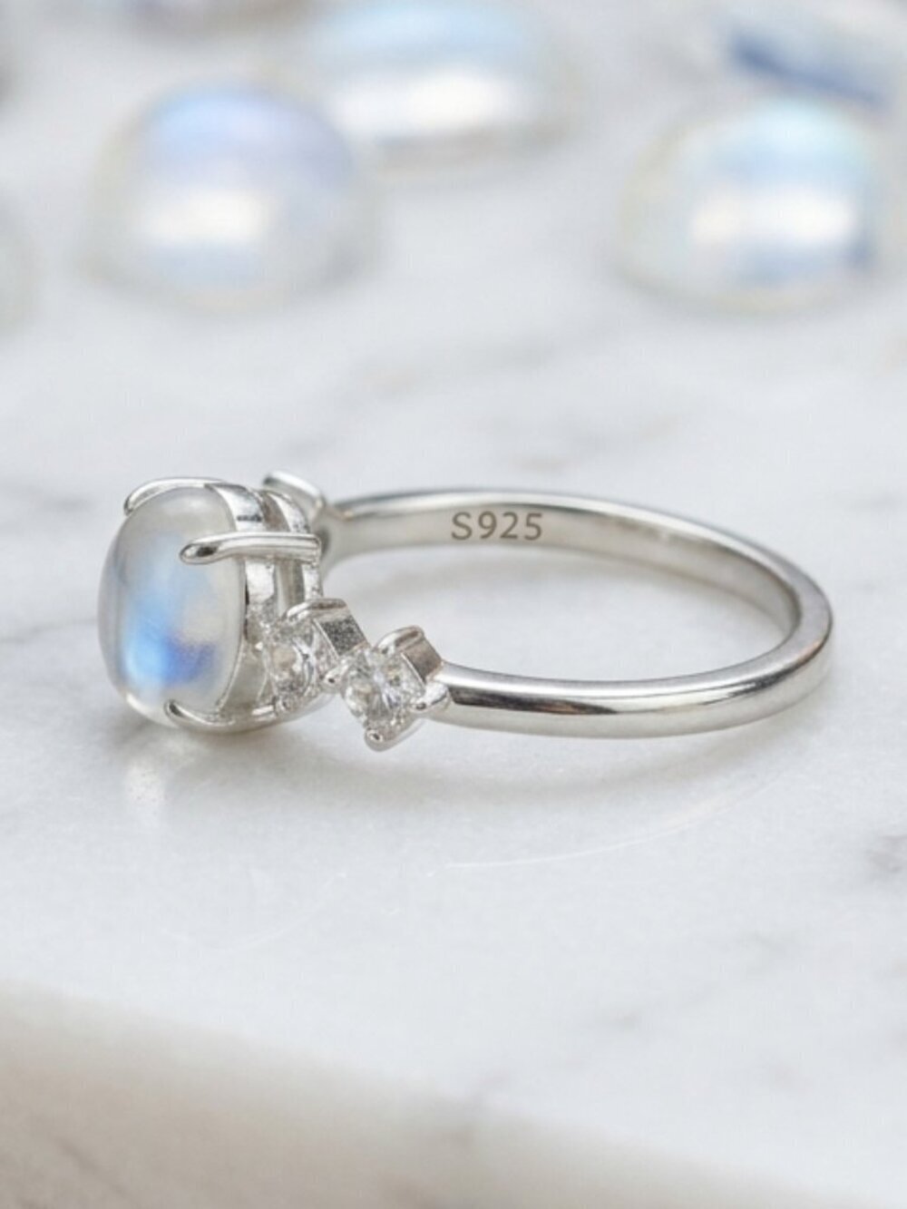 Celestial Dainty 925 Silver Genuine Moonstone CZ Minimalist Ring Size 7 - Picture 9 of 15